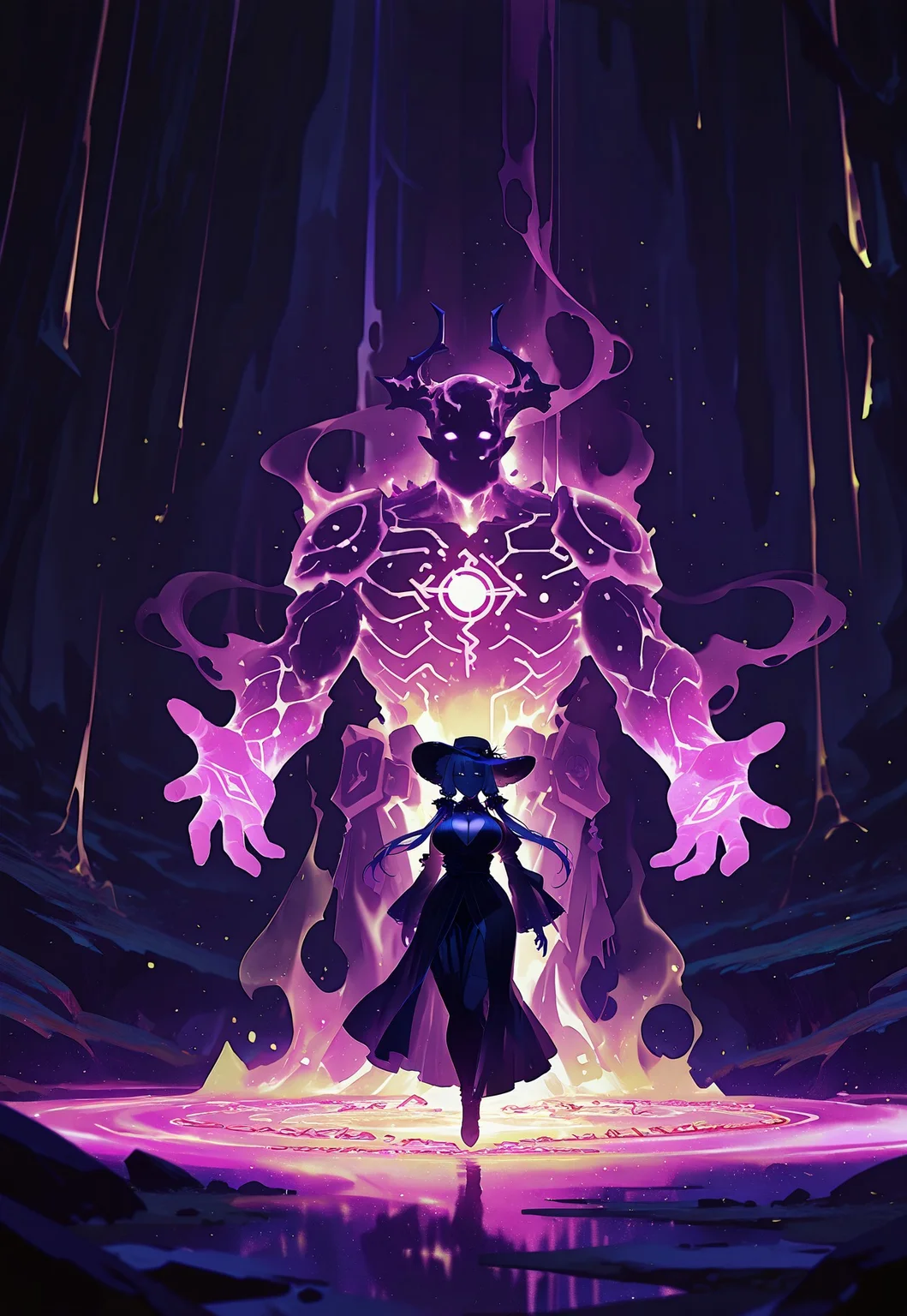 monochrome, masterpiece, best quality, good quality, newest, highres, absurdres, 1girl,, fantasy, cave, glowing slope, bioluminescent moss, neon crystals, ancient runes, floating, glowing man, light neon hues, pink and gold, translucent robe, stardust, magical smoke, glowing patterns, floating orbs, serene atmosphere, otherworldly, ancient magic, vibrant colors, soft lighting, glowing effects, illustrious, masterpiece, best quality, very aesthetic