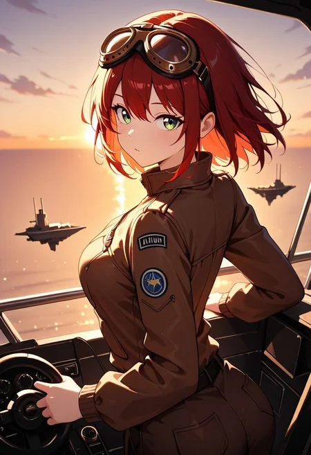 masterpiece, best quality, good quality, very aesthetic, absurdres, newest, 8K, depth of field, in the style of cknc, artist:moriimee, in the style of cksc,
1girl, short red hair, wild, green eyes, medium breasts, firm, aviator jacket, goggles on head, glossy skin, steering airship, looking at viewer, from side
BREAK
floating islands, clouds swirling, sunset sky
BREAK
dynamic light, warm colors, high contrast, golden hour lighting, rich details, adventurous vibe