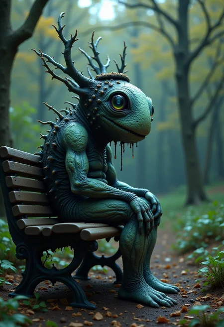 A bizarre monster creature lost it's way, he is sitting alone on a park bench in central park, translucent skin, twilight, magical, w31rd13sfl1, wearing a hat, big eyes, (otherworldly but also mundane)