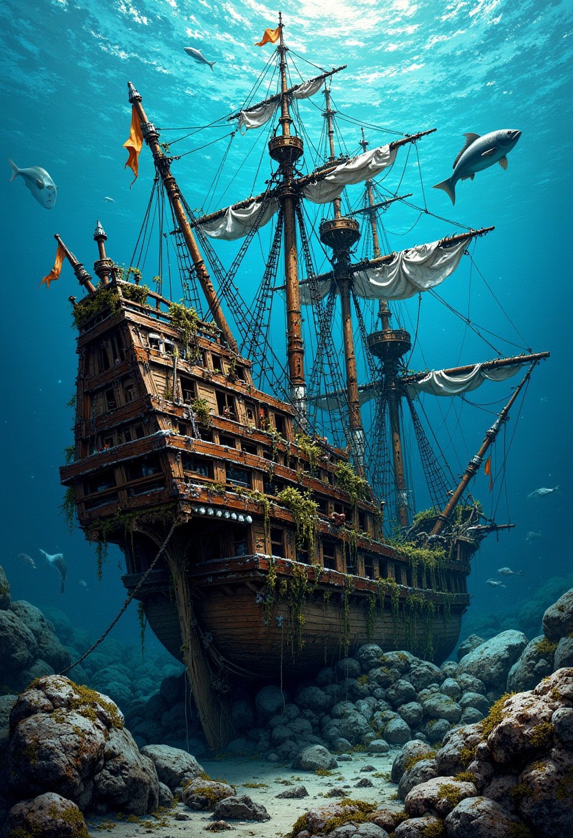 oil painting, rough, textural, broad brush strokes, of a sunken shipwrecked pirate ship, damaged and becoming covered in seaweed and barnacles, surrounded by large fish, mythp0rt