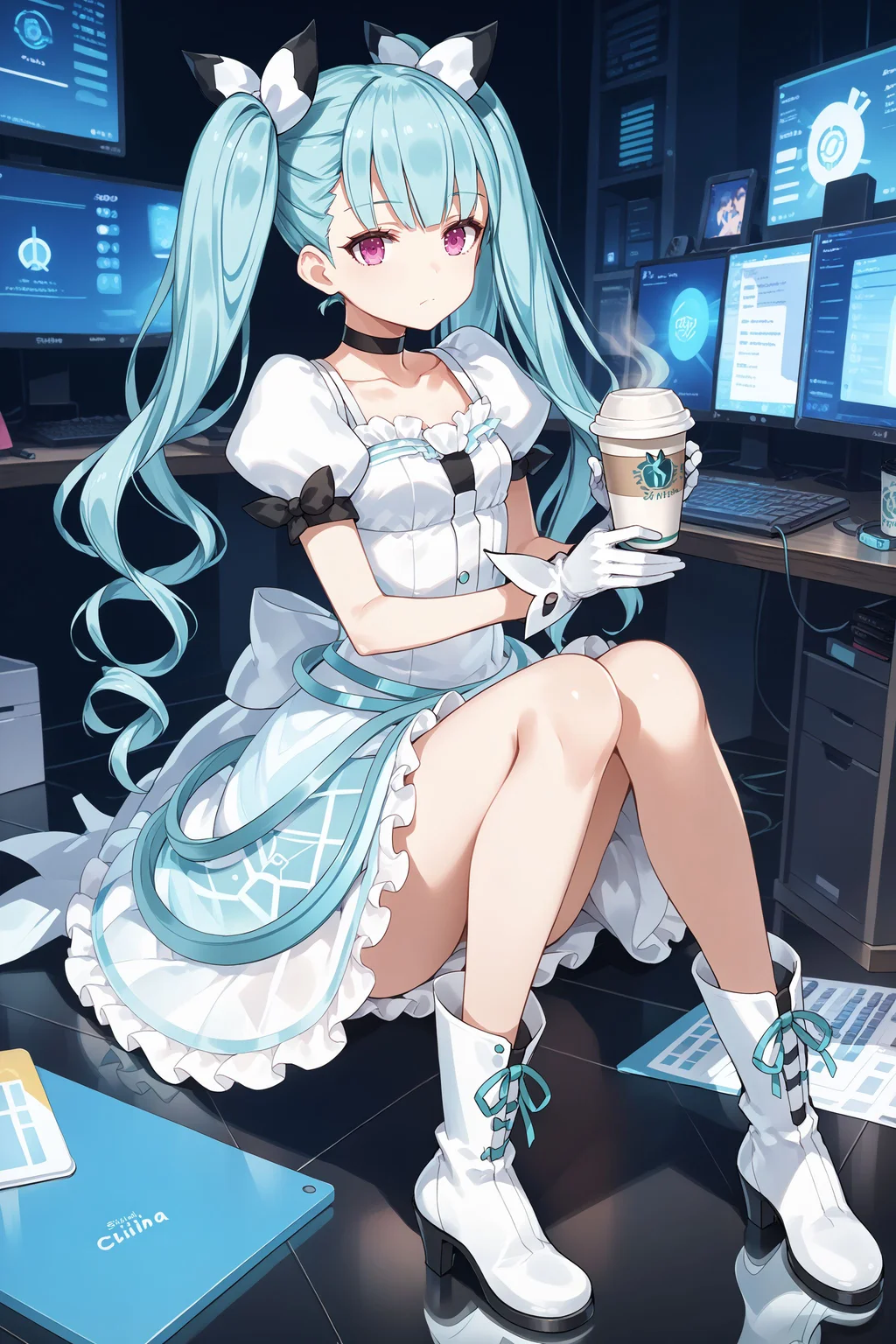 score_max, (score_9, score_8_up, score_7_up:1.2), score_6_up, official art,
, masterpiece, absurdres, high detail, 8k,
dark room, console, computer, display,
sitting on floor, knees up, two-handed, holding coffee cup, drinking, expressionless, puffy cheeks,
hibachi, hair bow, twintails, quad tails, choker, white dress, collarbone, puffy short sleeves, white gloves, back bow, see-through skirt, frills, white boots, heels
<lora:XL_Pony_gomaotsu-hibachi-t3:1.0>