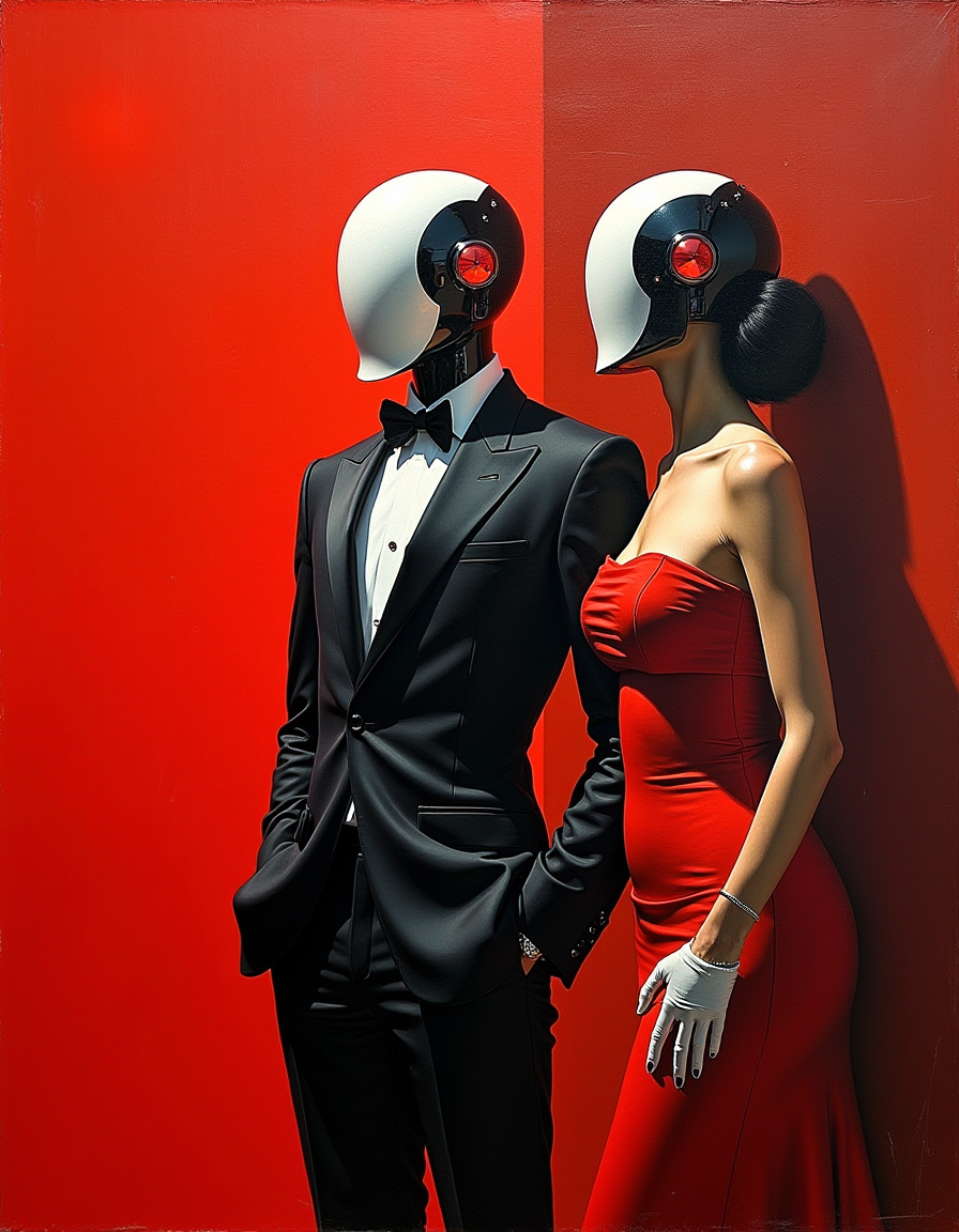 red white and black , oil painting, sharp focus, retrofuturism, by herald brom