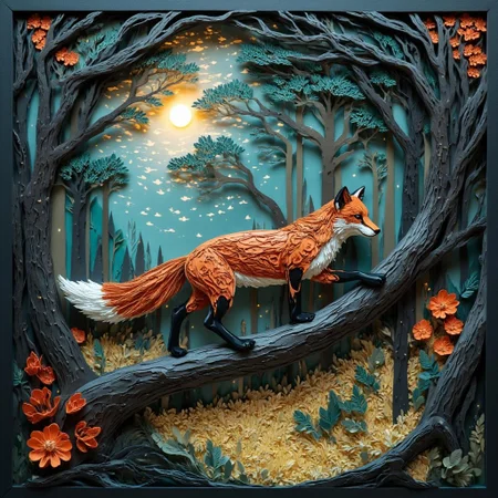 <lora:Paper_Quilling_And_Layered_Paper_Style-000021.safetensors:1> This paper quilling, layered paper piece features a
In the heart of a futuristic forest, the canopy above shimmers with holographic leaves that pulse with bioluminescent light. The air is filled with the soft hum of quantum harmonizers, devices that blend the natural world with advanced technology. A sleek, cybernetic fox strides gracefully along a thick branch, its movements fluid and precise. The fox, augmented with advanced materials, has a sleek, metallic sheen with a reddish-orange hue that glows softly under the holographic canopy. Its white underbelly and bushy tail, tipped in white, are enhanced with glowing filaments that pulse in rhythm with its heartbeat. Its ears, perked and alert, are fitted with micro-sensors that detect even the faintest vibrations in the environment.
The forest itself is a marvel of technological and natural fusion. The trees, with their trunks of advanced carbon fiber and leaves of biodegradable solar panels, provide both energy and shade. Ferns and plants are interspersed with luminous, nano-engineered flora that emit a warm, golden light, creating an ethereal ambiance. The ground is covered with a layer of smart moss that responds to the fox's steps, lighting up in patterns of vibrant colors. The scene is a perfect balance of nature and technology, a testament to the harmony that can be achieved when the two worlds coexist.
As the fox gazes towards the right, its bright, alert eyes, enhanced with augmented reality lenses, scan the environment for signs of life and data. The forest is a living, breathing ecosystem, a place where the future and the wild are one.