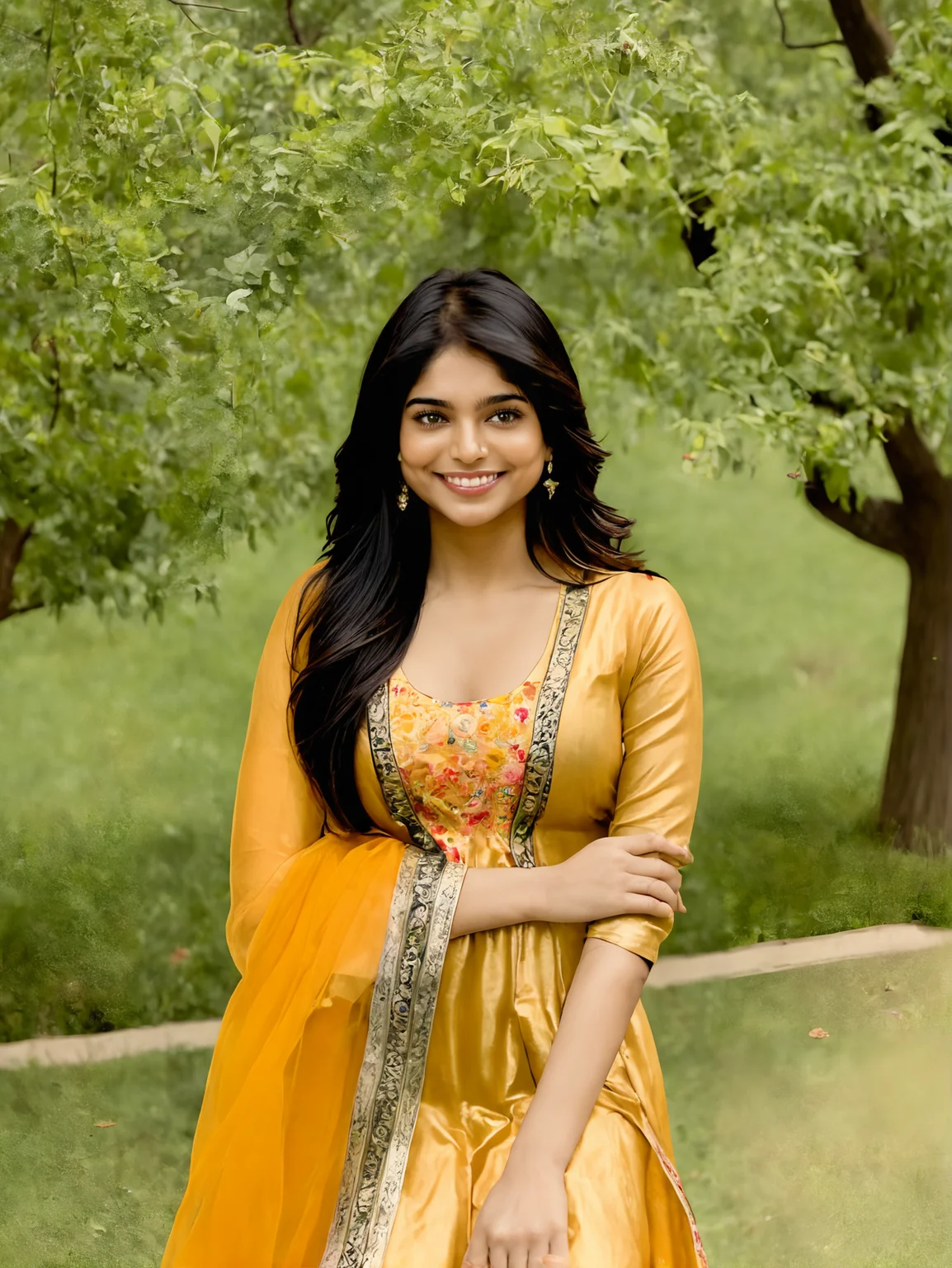 divyasynthxl woman <lora:divyasynthxl-v1:1>, standing, smiling, in the park, wearing traditional indian outfit