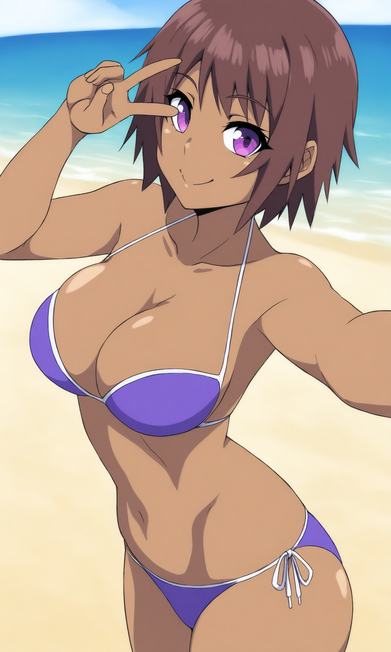 masterpiece, best quality, high resolution, absurdres, 1girl, twgristyle, dark-skinned_female, looking_at_viewer, beach, day, medium_breasts, short_hair, brown_hair, purple_eyes, v, happy, water, sky, bikini