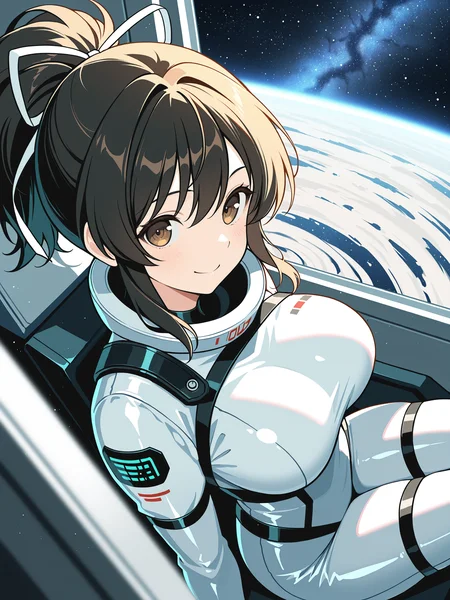 masterpiece, best quality, amazing quality, artist:[diyokama|say hana|lam]
(solo:1.4), Asuka_IL, brown eyes, black hair, ponytail, white hair ribbon, large breasts
dutch angle, depth of field, female focus, science-fiction, from front, from above, sci-fi, sitting in space module, detailed eyes, milky way galaxy, detailed interior, white space rocket, smile, sexy space suit, very detailed, close up, vibrant, light particles, light rays, dust particles, directional light, detailed background, ambient occlusion, (scenery:1.2), volumetric lighting, distant bright light source
<lora:SK_Asuka_IL:0.8>