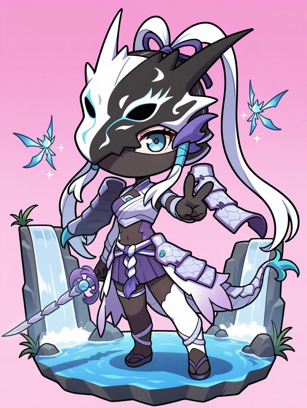 dragon girl,swordsoul of mo ye,solo,holding sword,sword,chibi,1girl,dragon headwear,simple background,standing,covered face,zentai,asymmetrical detached sleeves,asymmetrical legwear,white armored skirt,purple skirt,black bodysuit,asymmetrical floating shoulder armor,cyan hair tubes,white crop top,cyan fairy,cyan sandals, v, waterfall
masterpiece,best quality,amazing quality,very aesthetic,absurdres,newest,<lora:Swordsoul of Mo Ye illuXL v1.2:0.75>,