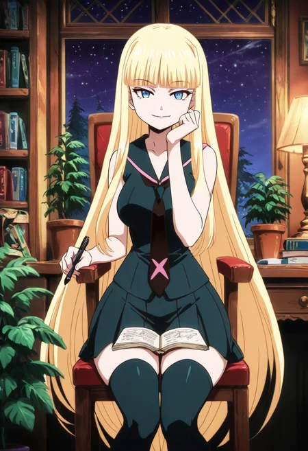 masterpiece, best quality, solo, curvy, beautiful eyes, aged up, large breasts, wide hips, narrow waist, 1girl, solo, smile, looking at viewer,  zzEva, blue eyes, blunt bangs, blonde hair, long hair, very long hair,   sleeveless shirt, sailor collar, necktie, black skirt, thighhighs, zettai ryouiki,  ,<lora:EvangelineNegmiaOVA_IXL:1.0>,   , zzLofi, sitting, side view, desk, chair, book, bookshelf, head rest, holding, holding pen, lamp, night, open book, pen, plant, potted plant, sky, star (sky), starry sky, window, windowsill, writing, <lora:LofiGirl_Style_IXL:0.8>,