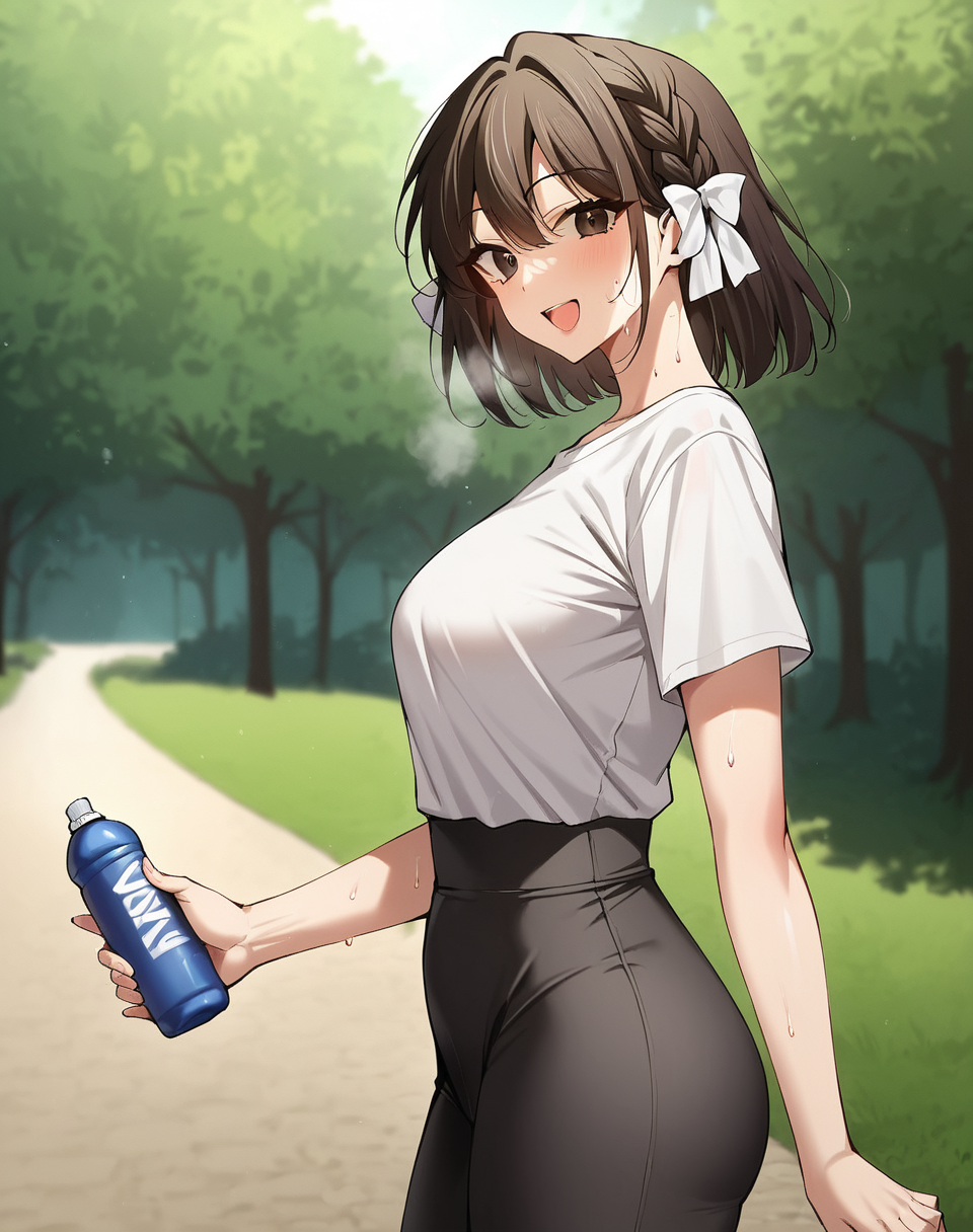 flame_blink, black eyes, black hair, short hair, manhwa,braid, hair bow,  white shirt, black yoga pants, short sleeves, sweat, sweating BREAK  outdoors, park, forest, medieval BREAK looking at viewer, sexy face, sexy smile, open mouth, cowboy shot, from side, hold water bottle, BREAK score_9, score_8_up, score_7_up, source_anime ,zPDXL, perfect hand,  <lora:Flame:0.8>
