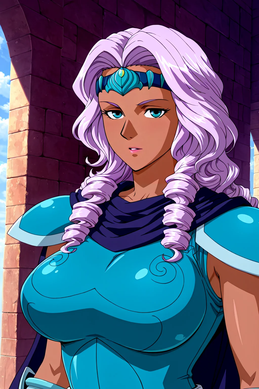 front view,
1girl,mature female,milf,huge breasts,upper body,looking at viewer,
Best quality,masterpiece,soft light,official art,high quality,highres,absurdres,epic scene,natural textures,athena,dark skin,dark-skinned female,circlet,long hair,light purple hair,drill hair,blue eyes,armor,high heel boots,armored boots,armored dress,<lora:Athena IL-000010:1>,