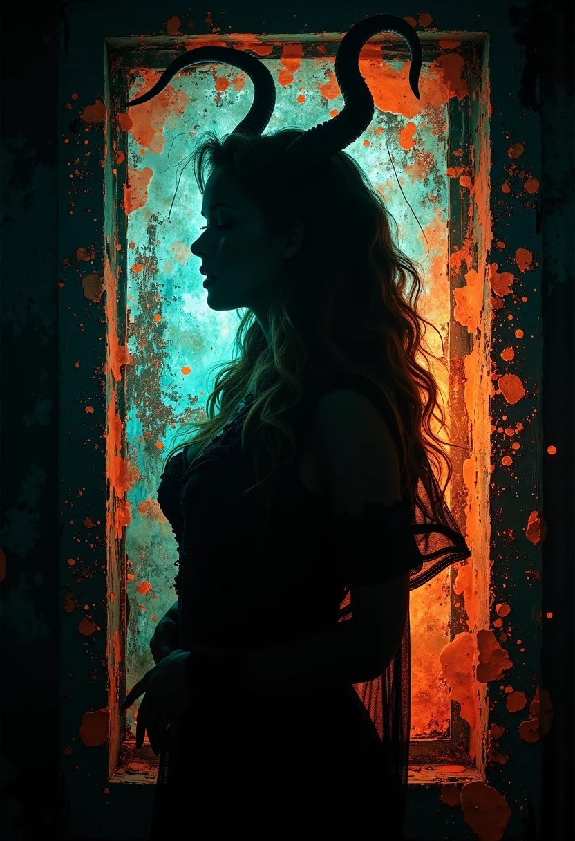 silhouette of a seductive figure of a demoness with horns. turquoise, orange scratches on a black background. Dispersion effect, backlight