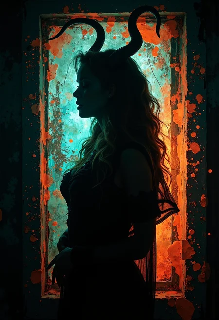 silhouette of a seductive figure of a demoness with horns. turquoise, orange scratches on a black background. Dispersion effect, backlight