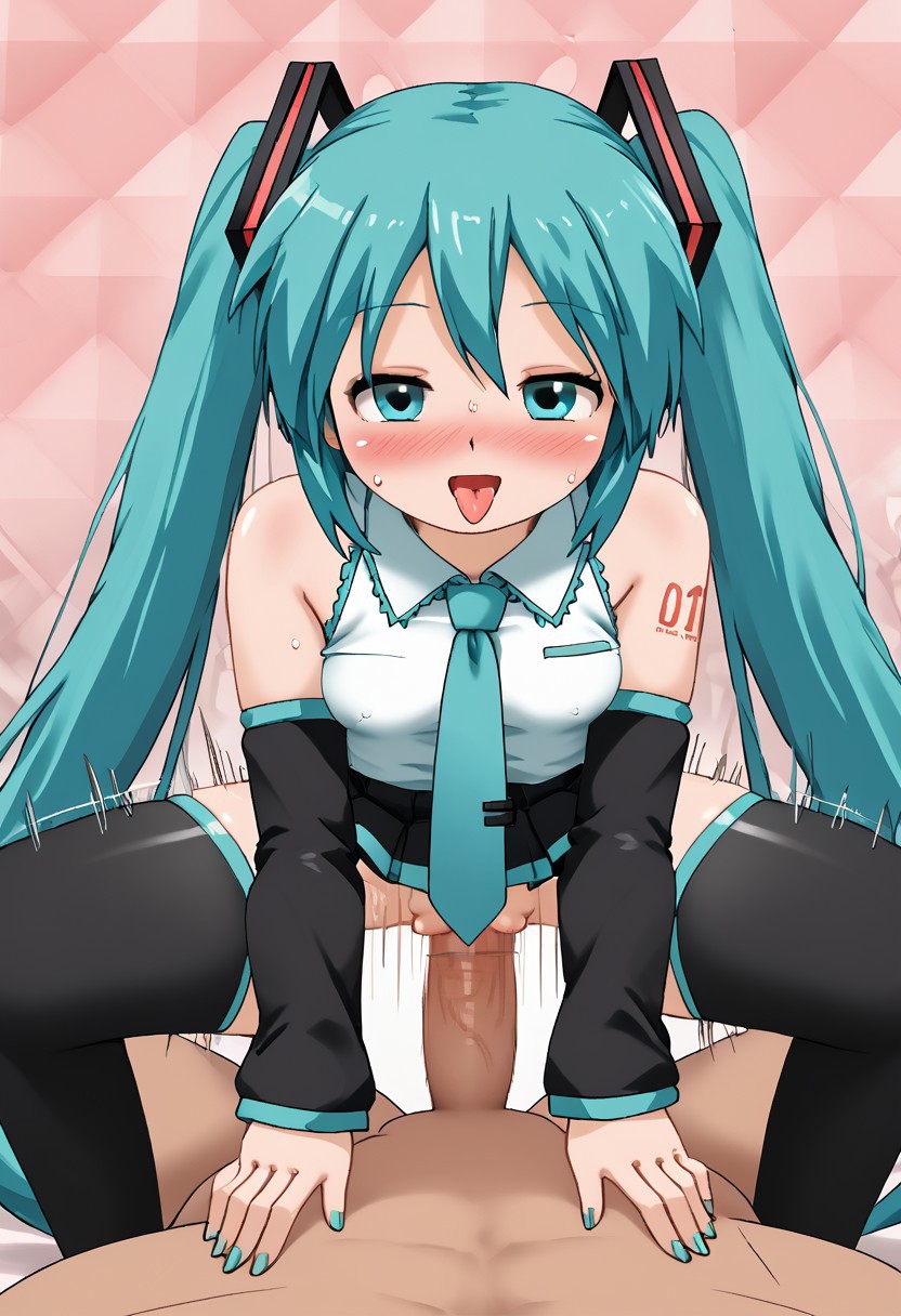 score_4,score_5,score_6,score_7_up,score_8_up,score_9 ((masterpiece,best quality,ultra detailed,highres,HD,4k:1.2)), 
Colorful background,
1 girl,1boy,hetero,pov,solo forcus,girl forcus, perfect penis,perfect nipples,perfect pussy, nsfw,Expressive,sex,straddling,cawgirl,cawgirl sex, blush,smile,open mouth,
 hatsune miku,absurdly long hair,aqua hair,twintails,hair ornament,sidelocks,hair between eyes,parted bangs, white shirt,collared shirt,bare shoulders,sleeveless shirt,aqua necktie,detached sleeves,black sleeves,shoulder tattoo,fringe,black thighhighs,miniskirt,pleated skirt,zettai ryouiki,thigh boots,
((open mouth,Sticking out tongue,blush,arousal, orgasmic arousal, sweat, steam,heart,heart effect)) ((motion blur, motion lines:1.2))