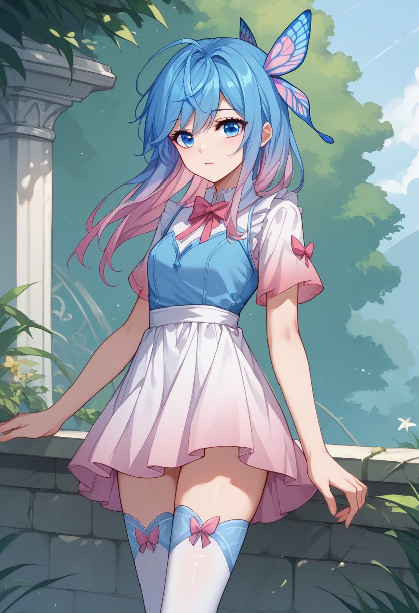 score_9, score_8_up, score_7_up, score_6_up, source_anime, Wang dong'er, blue eyes, gradient hair, blue hair, pink hair, butterfly hair ornament, pink bow, short sleeves, white dress, blue dress, white skirt, white thighhighs