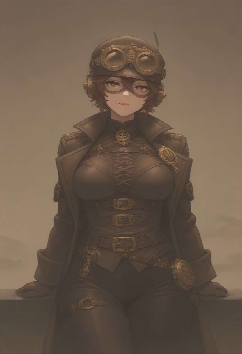 masterpiece, best quality, medium breasts, (curvy),  ,,, steampunk pirate captain, brass goggles, weathered leather coat, mechanical parrot, airship in the background, intricate steampunk accessories, rugged and confident poseBREAK, 1girl, solo,  smile, looking at viewer, cowboy shot,   <lora:AfrobullIXL_v1:1.0>,