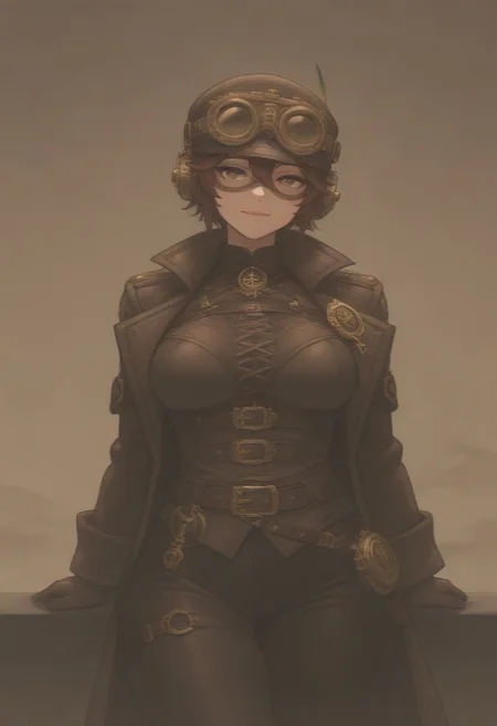 masterpiece, best quality, medium breasts, (curvy), ,,, steampunk pirate captain, brass goggles, weathered leather coat, mechanical parrot, airship in the background, intricate steampunk accessories, rugged and confident poseBREAK, 1girl, solo, smile, looking at viewer, cowboy shot, <lora:AfrobullIXL_v1:1.0>,
