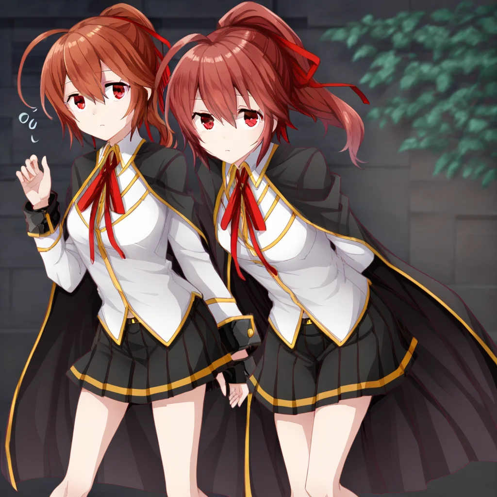 red eyes, auburn hair, ponytail, ahoge, hair between eyes, hair ribbon, red ribbon, long white sleeve school uniform with black cuffs, pleated skirt, black skirt, black cape, shirt,