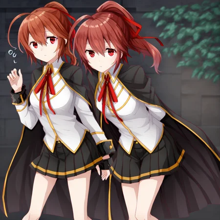 red eyes, auburn hair, ponytail, ahoge, hair between eyes, hair ribbon, red ribbon, long white sleeve school uniform with black cuffs, pleated skirt, black skirt, black cape, shirt,