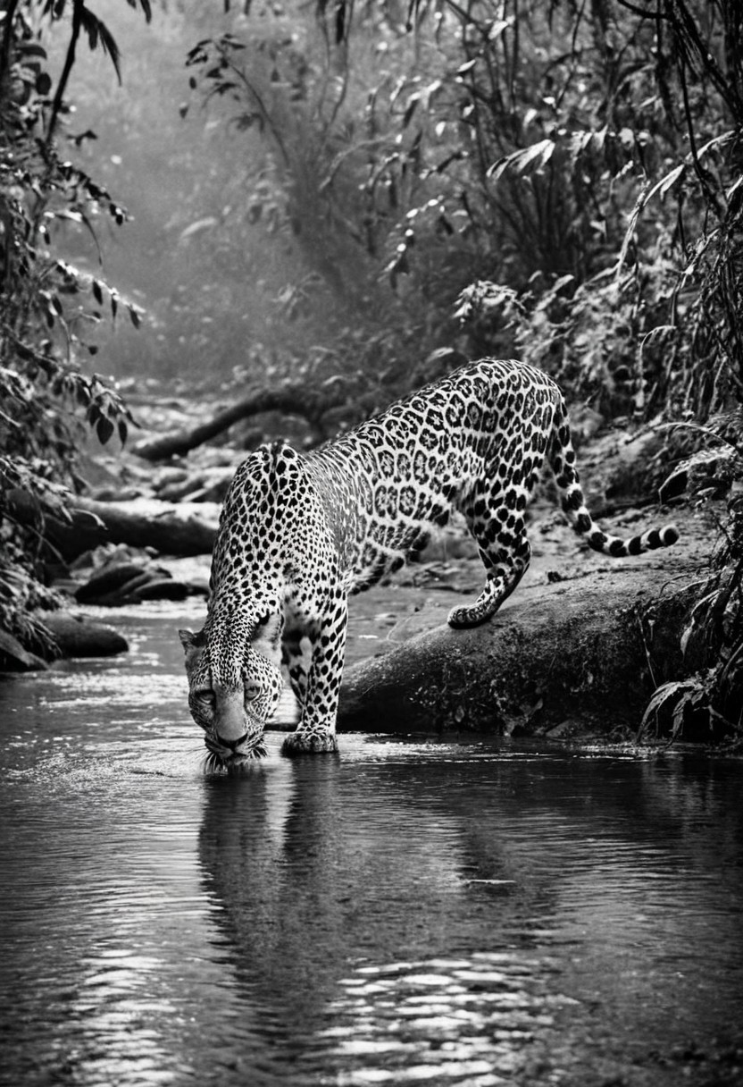 a (black and white:1.5) photo of a leopard, in the jungle, drinking at the at the edge of a river, at dusk, dense jungle forest, dramatic lights, shallow depth of field, blurred background, extreme details, intricate details, 8k, 35mm photo, photorealism, realistic photo, national geographic style, masterpiece, film photography style