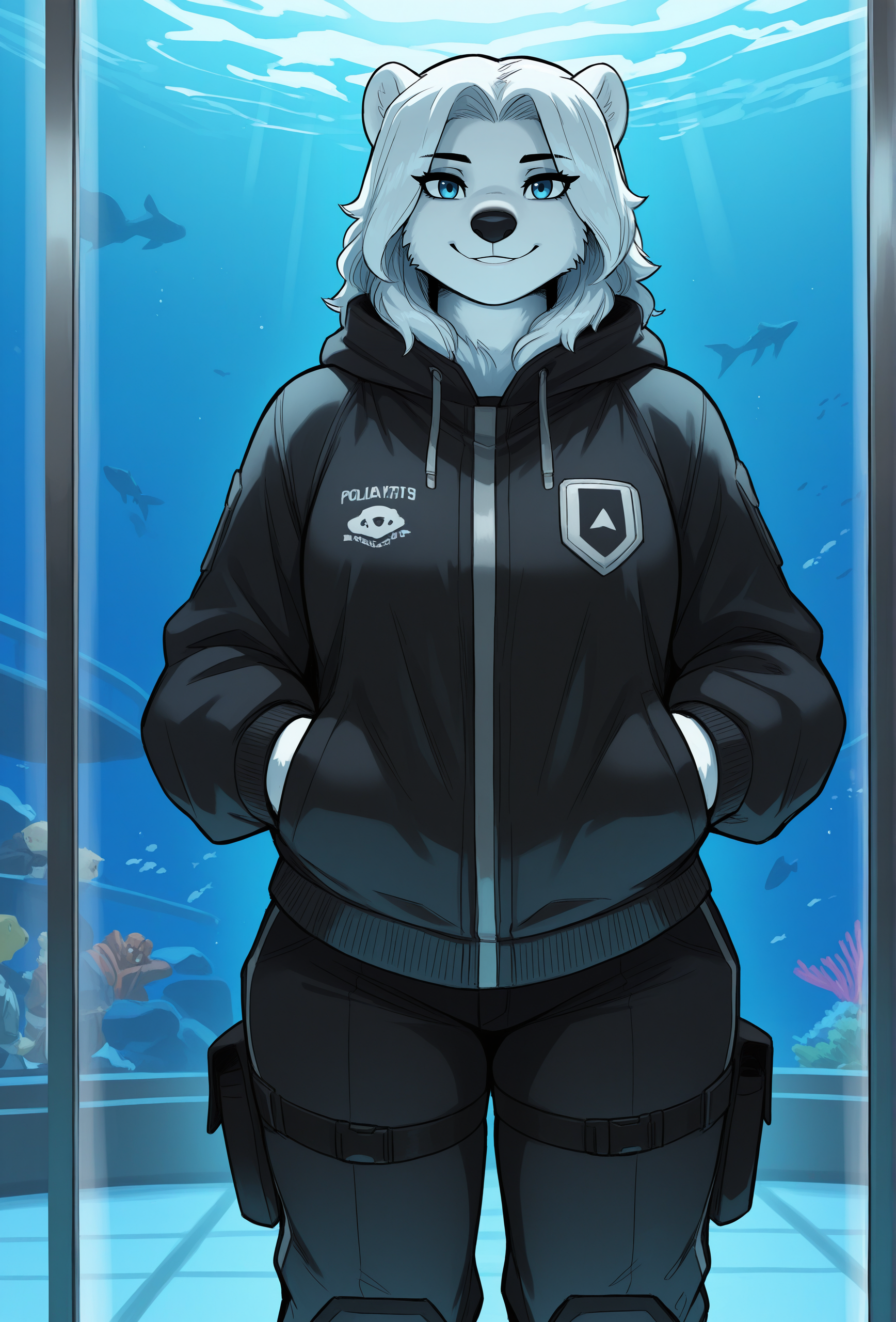 (masterpiece, best quality, very aesthetic, absurdres:1.2), 1girl, furry, science fiction, aquarium, polar bear, straight-on, jacket, looking at viewer, smile, blue eyes, pants <lora:the_minuscule_task_style_illustrious_v1.2f:1> taskstyle