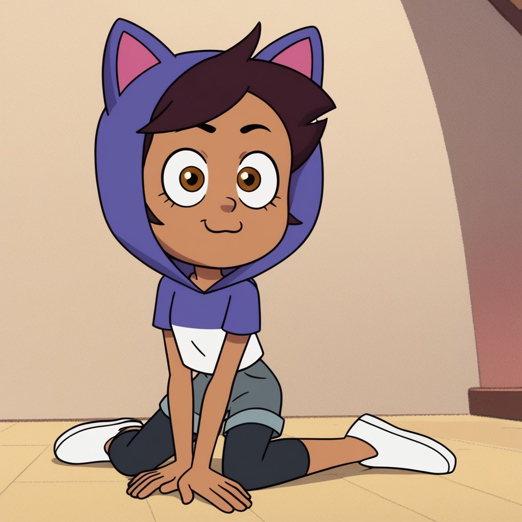 score_9, score_8_up, score_7_up BREAK, masterpiece, high quality, highly detailed, 8k, absurdres. luz_noceda_oh, 1girl, solo, dark skin, dark-skinned female, brown hair, brown eyes, short hair, hood, cat hood, black leggings, Grey shorts, animal hood, hood up, white footwear, white shoes, kneeling, :3, facing viewer, simple background, indoors