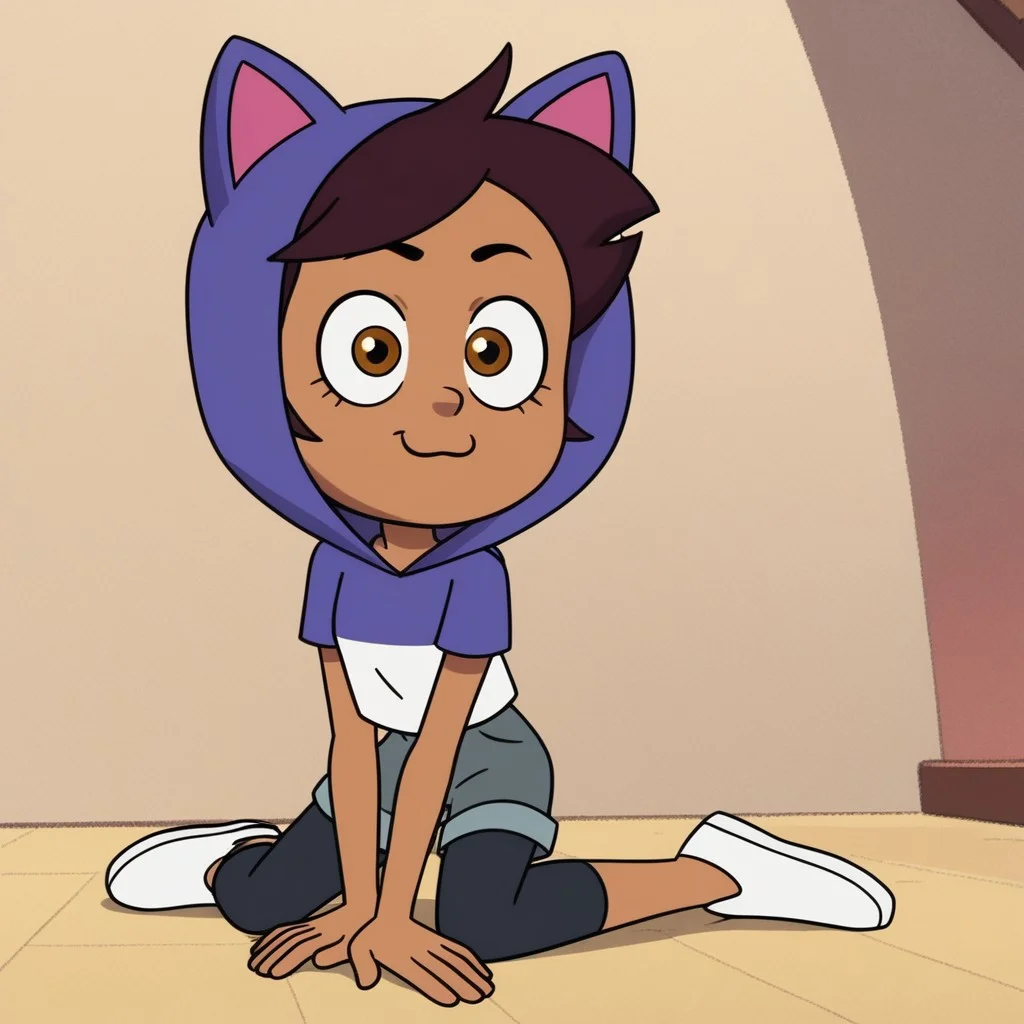 score_9, score_8_up, score_7_up BREAK, masterpiece, high quality, highly detailed, 8k, absurdres. luz_noceda_oh, 1girl, solo, dark skin, dark-skinned female, brown hair, brown eyes, short hair, hood, cat hood, black leggings, Grey shorts, animal hood, hood up, white footwear, white shoes, kneeling, :3, facing viewer, simple background, indoors