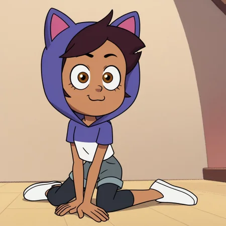 score_9, score_8_up, score_7_up BREAK, masterpiece, high quality, highly detailed, 8k, absurdres. luz_noceda_oh, 1girl, solo, dark skin, dark-skinned female, brown hair, brown eyes, short hair, hood, cat hood, black leggings, Grey shorts, animal hood, hood up, white footwear, white shoes, kneeling, :3, facing viewer, simple background, indoors