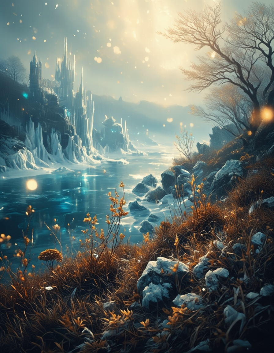 <lora:Medieval_Worlds_Scenery01bflux:1> mwl01, scenery, vegetation, brown, bokeh, sea, fantasy, frozen walls, natural skylight, gold,