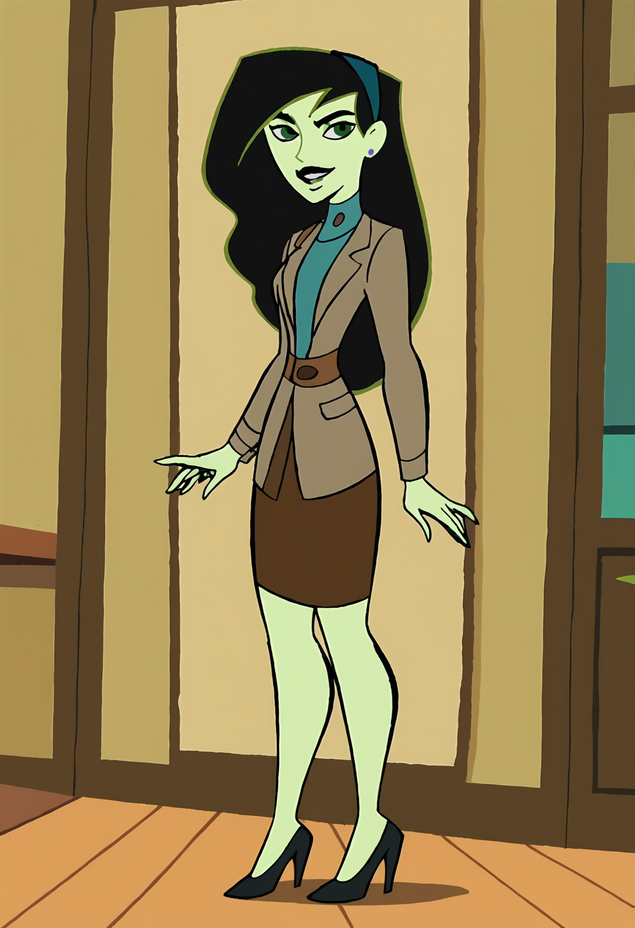 <lora:ShegoPony1.0:1>Shego, 1girl, jacket, solo, black hair, turtleneck, hairband, long hair, earrings, pencil skirt, black lips,smile,  score_9, score_8_up, score_7_up, score_6_up, score_5_up, score_4_up, looking at viewer,indoors,high heels,