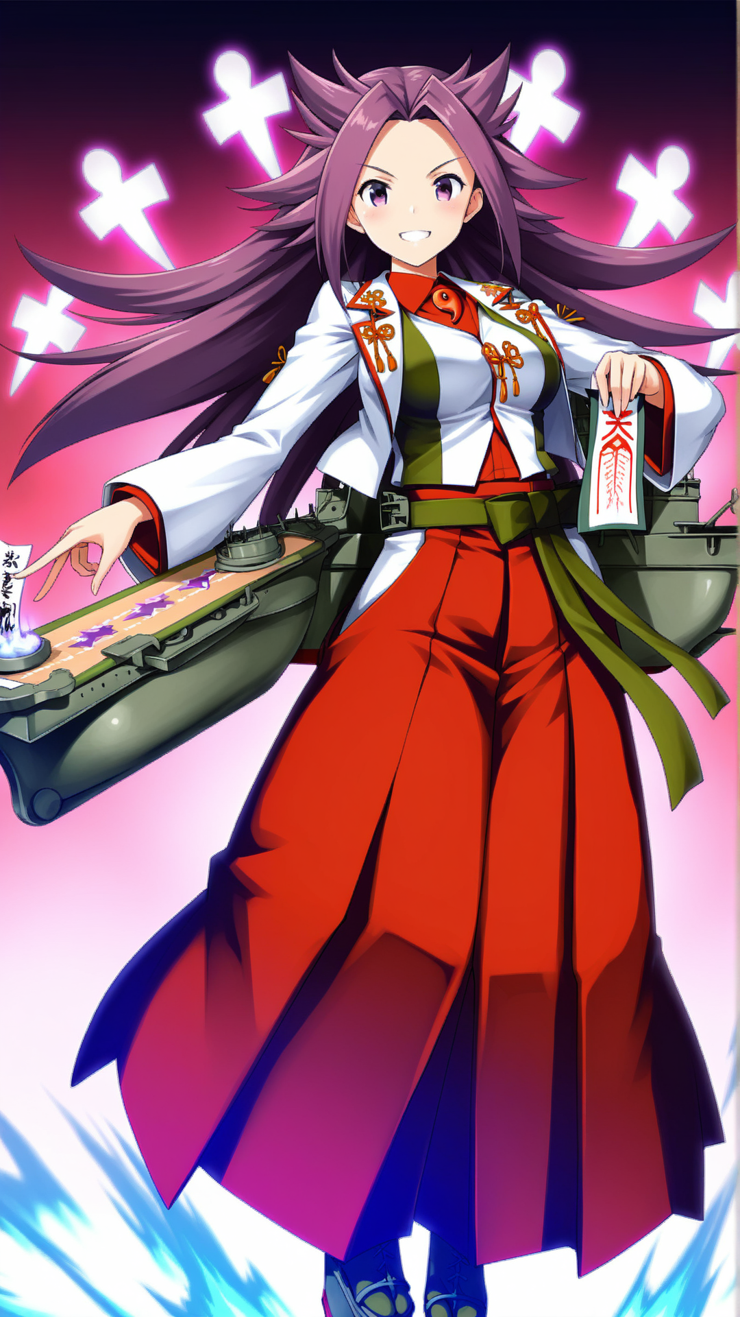 source_anime, general, best quality, masterpiece, 1girl,  <lora:junyou_ill:1> jun'you \(kancolle\),long hair, purple hair,spiked hair, purple eyes, magatama, japanese clothes, hakama pants, dress shirt, red hakama,rigging,scroll, shikigami, ofuda,