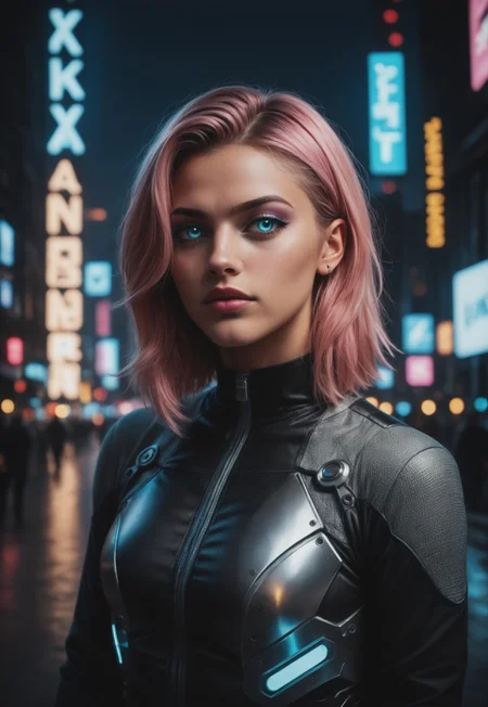 safe_pos, score_9, score_8_up, score_7_up, 1girl, solo, futuristic bounty hunter, advanced tactical armor with glowing neon accents, high-tech plasma pistol with a sleek design and glowing energy core, short spiky pink hair with cybernetic enhancements, realistic, cinematic angle, cinematic lighting, athletic body, determined face, glowing cyan eyes, combat-ready pose 
BREAK 
patrolling a neon-lit cybernetic city 
BREAK 
source_cyberpunk_art, rating_explicit, expressive, full body, dynamic pose 
BREAK 
detailed beautiful background, futuristic cityscape with towering skyscrapers and holographic advertisements, neon-lit streets with floating vehicles, cybernetic creatures and androids, distant neon skylines with flying drones, high-tech atmosphere with a sense of danger and excitement <lora:Expressive_H:0.6>Expressiveh, (SimplepositiveXLv1:1.3), 
(((upper body, full clothed:1.85))) ((masterpiece)) (ultra realistic, 32k, masterpiece:1.2), (high detailed skin:1.1), (high quality:1.1) 
(((full clothed))) 
<lora:DandonFuga_Style_v.2_-_Pony:0.8> 
(8k uhd:1,4) 
<lora:add-detail-xl:1> 
<lora:Dynamic Poses:1>