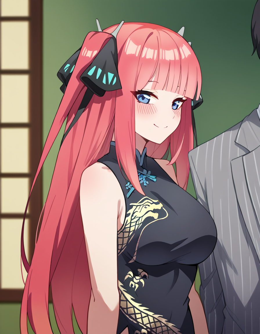score_9, score_8_up, score_7_up, source_anime, <lora:nnakano-s2-ponyxl-lora-nochekaiser:1>, long hair, bangs, blue eyes, hair ornament, hair ribbon, pink hair, blunt bangs, two side up, butterfly hair ornament, large breasts,, <lora:blue-archive-kisaki-cosplay-ponyxl-lora-nochekaiser:1>, blue archive kisaki cosplay, kisaki (blue archive) (cosplay), dragon print, china dress, print dress, chinese clothes, pinstripe jacket, sleeveless turtleneck dress, cosplay, vertical-striped jacket, pinstripe pattern, pelvic curtain, striped coat, grey coat, black dress, sleeveless dress,, indoors, from side, blush, smile,, cowboy shot, looking at viewer