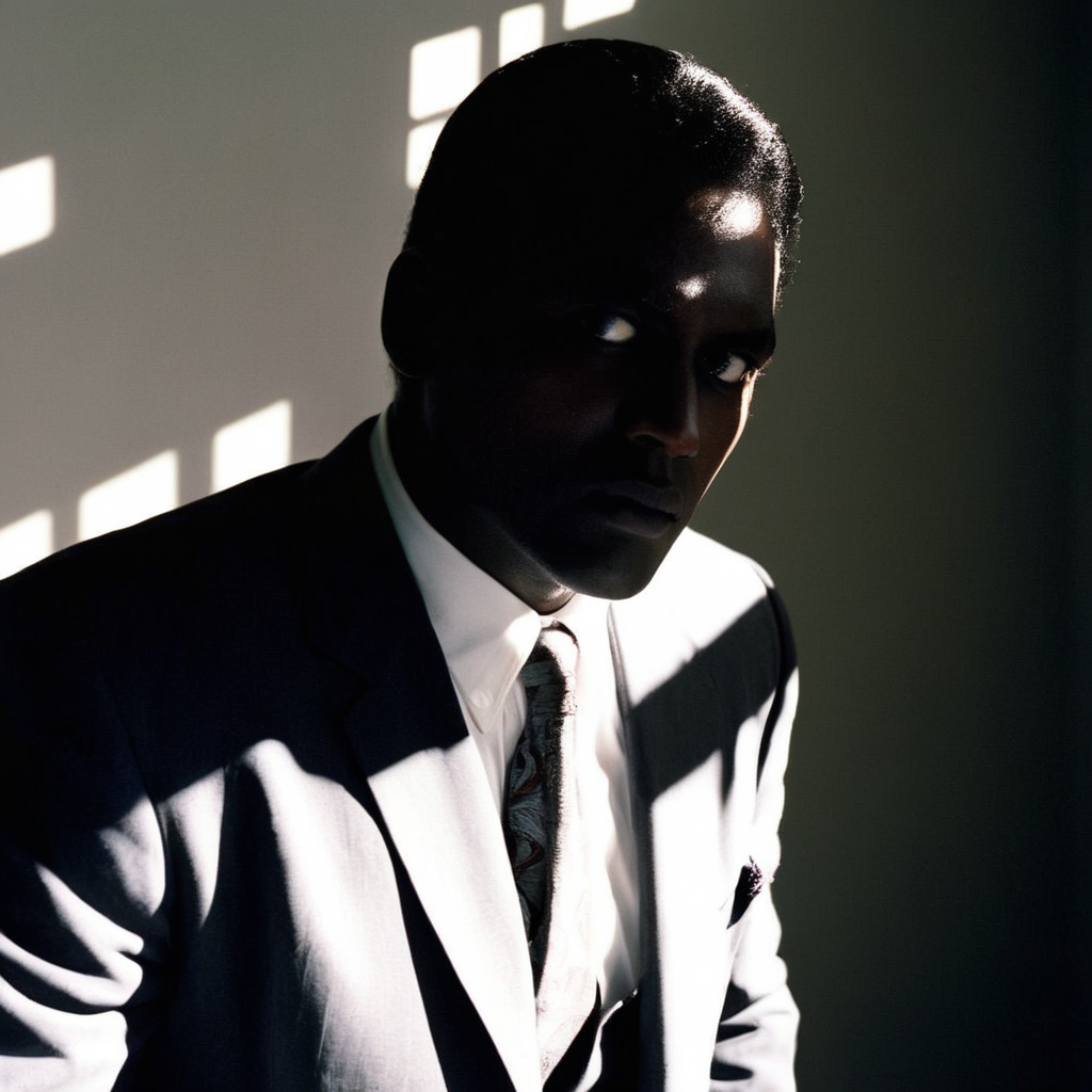 Horror-themed,  <lora:Film Stock Footage Style:1>
Medium shot of a man with a white shirt and a suit jacket staring in fear at something with perfect shadow cast backlight sunlight on Kodak Vision3 500T Film Stock Footage Style, Eerie, unsettling, dark, spooky, suspenseful, grim, highly detailed