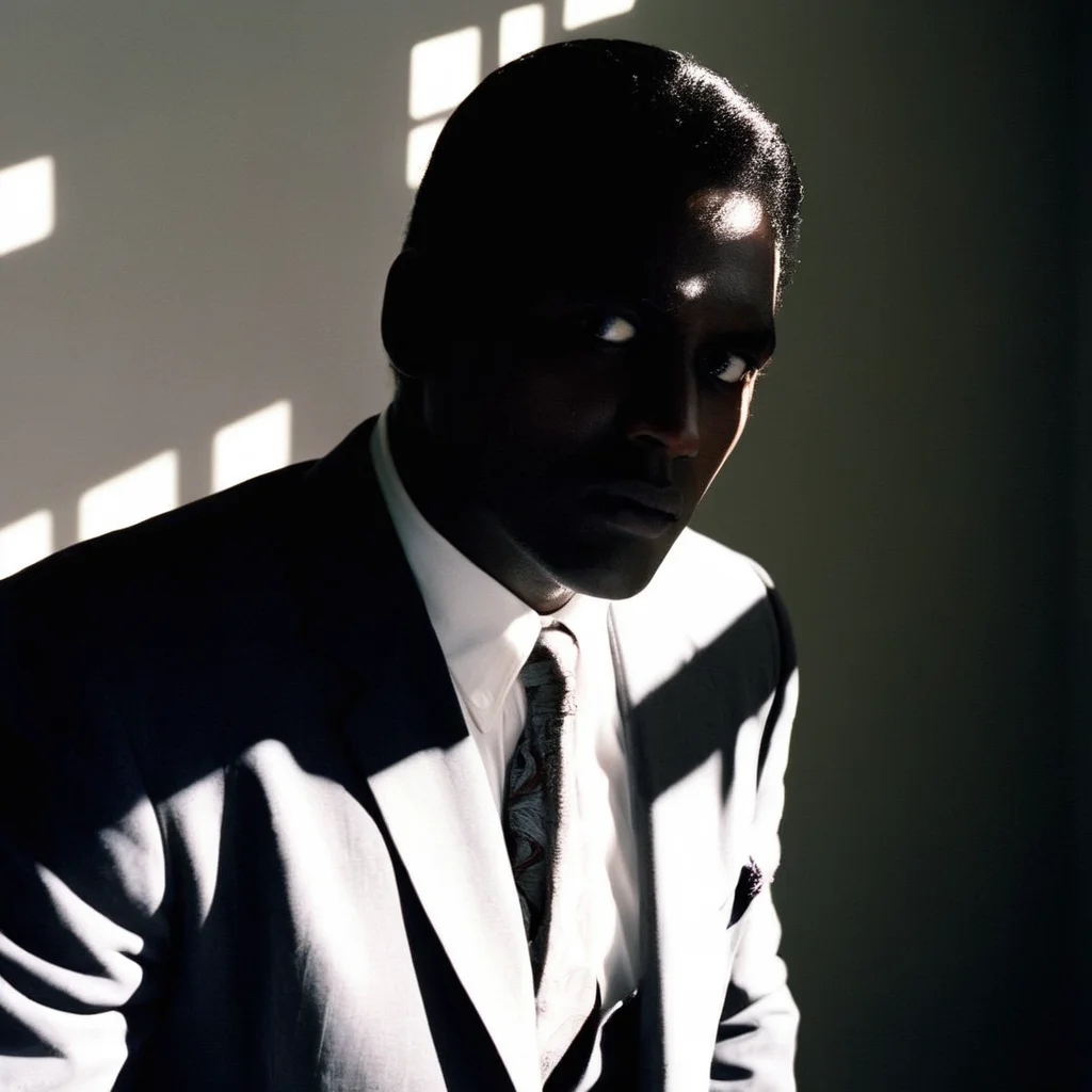Horror-themed, <lora:Film Stock Footage Style:1>
Medium shot of a man with a white shirt and a suit jacket staring in fear at something with perfect shadow cast backlight sunlight on Kodak Vision3 500T Film Stock Footage Style, Eerie, unsettling, dark, spooky, suspenseful, grim, highly detailed
