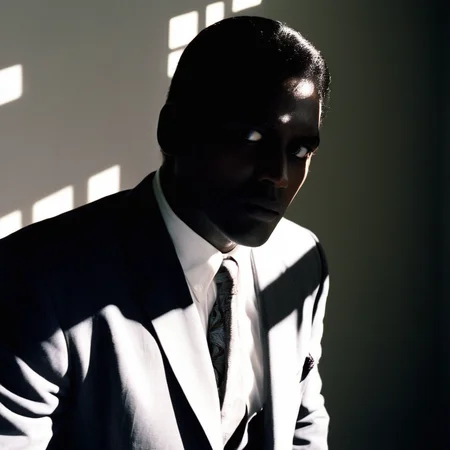 Horror-themed, <lora:Film Stock Footage Style:1>
Medium shot of a man with a white shirt and a suit jacket staring in fear at something with perfect shadow cast backlight sunlight on Kodak Vision3 500T Film Stock Footage Style, Eerie, unsettling, dark, spooky, suspenseful, grim, highly detailed