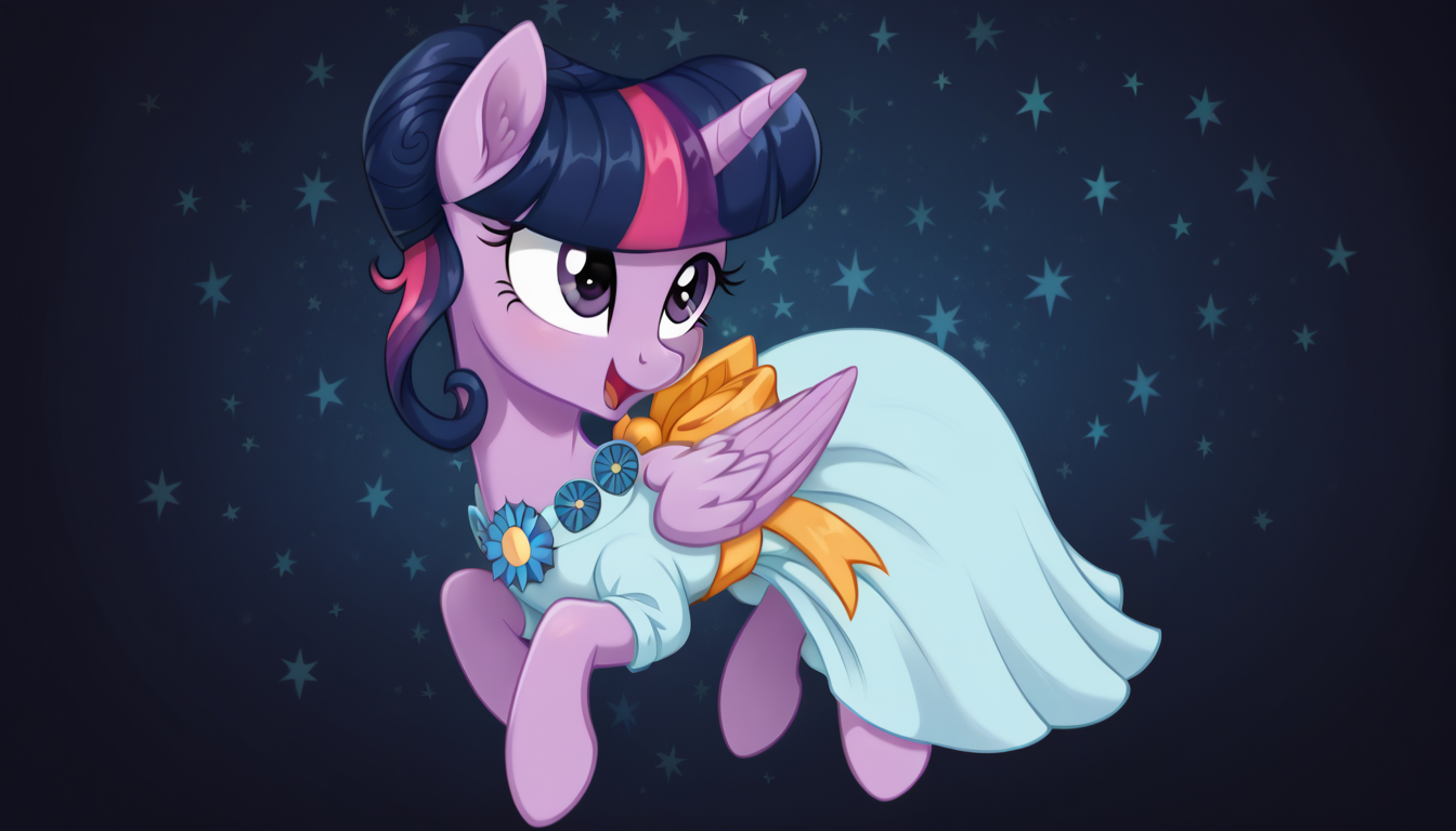 score_9, score_8_up, score_7_up, score_6_up, score_5_up, score_4_up, my little pony, ((feral pony)),   1girl, ((solo)), (sexy),beautifully detailed, (detailed cute pony face), ((detailed blue starry background:1.5)), ((woman)), high angle, (cute smile:1.0), ((up-close))  1girl, ((solo)), (sexy),  full body
<lora:Twilight_sparkle__second_Gala:1>Twilight Sparkle,a light-colored dress with large blue ornaments and an orange bow <lora:Wholesome_MLP-v1.0:1> <lora:OtherStyle_01:1>