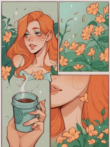 score_9, score_8_up, score_7_up, score_6_up,  <lora:p4n3lsXLP:0.9> p4n3ls, 1girl, coffee, flowers, long hair, ginger hair, panels