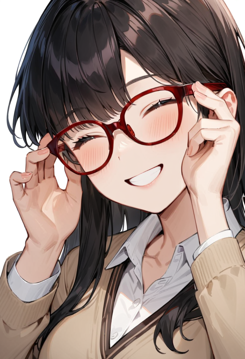 masterpiece, best quality, very aesthetic, absurdres, 
1girl, solo, black hair, long hair,
Wellington22A, glasses, red-framed eyewear,
collared shirt, happy, smile, looking at another, adjusting eyewear, white background, simple background, 
 <lora:glasses_Wellington_cellframe1_SDXL_V1:0.8>