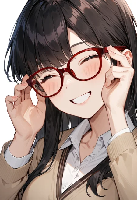 masterpiece, best quality, very aesthetic, absurdres,
1girl, solo, black hair, long hair,
Wellington22A, glasses, red-framed eyewear,
collared shirt, happy, smile, looking at another, adjusting eyewear, white background, simple background,
<lora:glasses_Wellington_cellframe1_SDXL_V1:0.8>