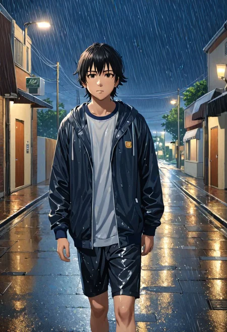 Highres, Masterpiece, High Quality, 4K, Yuusuke Fujisaki, 1boy, solo, black hair, walking, sidewalk, outdoor, night, dark, street lights, road, heavy rain, soaking wet, realistic lights