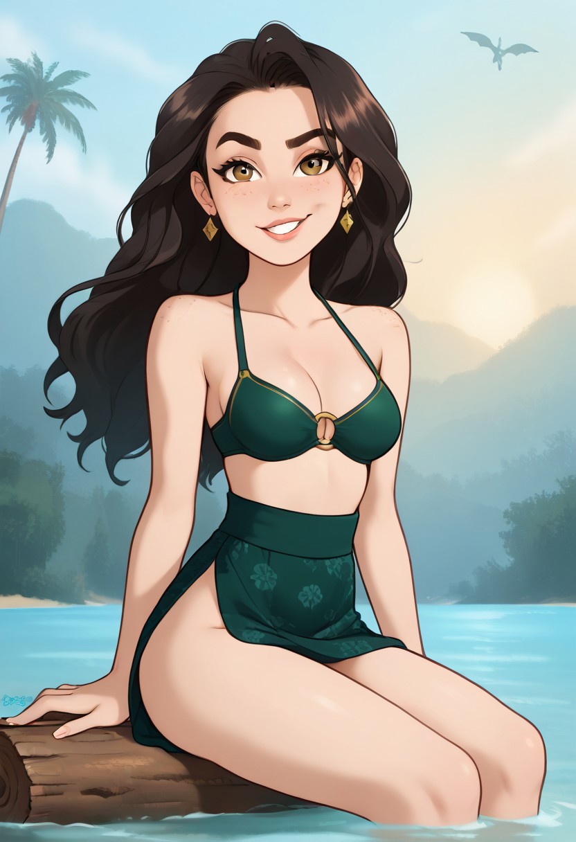Expressive, score_6_up, score_7_up, score_8_up, score_9. Masterpiece, best quality, highly detailed, harmonious anatomy, (natural beauty:1.1), consistent details. 1girl, solo, latina asian_japanese girl, 20yo, (body height: 170cm). Oval face with subtly soft edges, high cheekbones that gently blend into a delicate jawline. Large eyes, almond-shaped eyes, upward tilt at outer eyes corners, deep dark brown eyes, long lashes, thick eyebrows, straight,  eyebrows, black eyebrows. Defined nose bridge, slightly elevated nose bridge, subtle curvef nose bridge, rounded nose tip. Full lips with a naturally pronounced plumper lower lip and a well-defined Cupid’s bow. Small chin, rounded chin complementing her harmonious facial proportions. Golden-bronze tone skin with warm, earthy undertones, natural blush adding a vibrant glow to her cheeks. Long hair, straight hair, silky hair, black hair falls gracefully past her shoulders, with a slight natural volume at the base. Curvy and proportional body, medium breasts, perky breasts, narrow waist, wide hips, slender thighs, broad shoulders, rounded but feminine silhouette. Seductive look. Sly smile. Olive-green bikini, green sarong, Japanese patterns print, looking at viewer, sitting on log, legs crossed, on beach, palm trees, vibrant sunset, blue sky.
