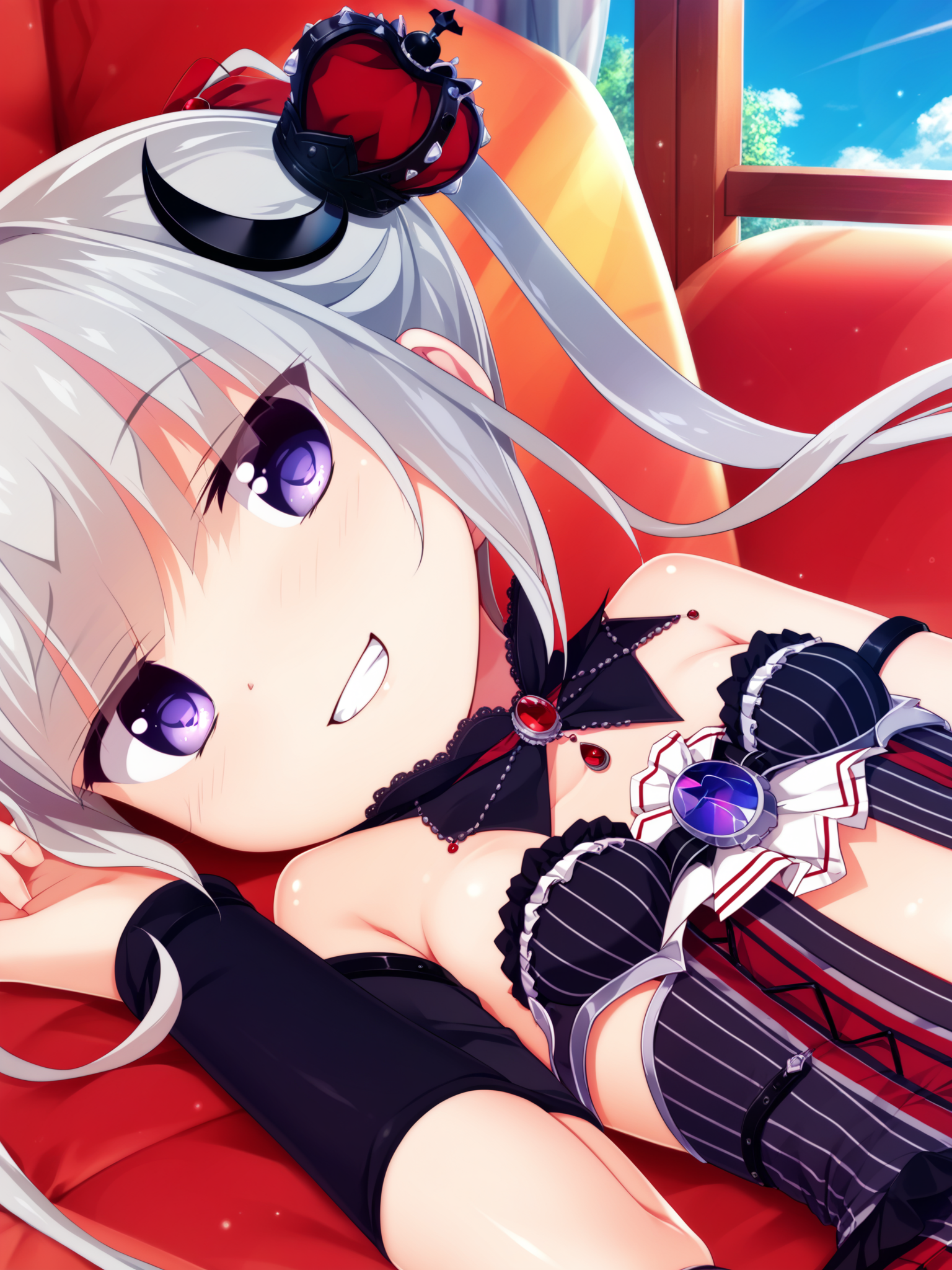 <lora:happy_tentacle-kuon-v0.2-000030:1>, ht_kuon, magician, black dress, vertical-striped dress, vertical-striped skirt, strapless, black thighhighs, detached collar, arm warmers, arm strap, navel, hair ribbon, mini crown, crescent hair ornament, jewelry , indoors, 1girl, solo, upper body , , ( grin :1.1), , looking away , lying , , score_9, score_8_up, score_7_up, score_6_up, score_5_up, score_4_up