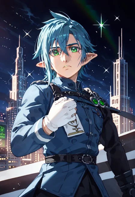 ffxv style, 1boy, male focus, 1boy, solo, slashblade, solo, male focus, 1boy, white gloves, gloves, detailed background, short hair, blue hair, long anime sideburns, hair between eyes, bishounen, very long pointed ears, green eyes, red sci-fi military uniform, furrowed brow, looking at viewer, cityscape, night, night sky green eyes, source_anime, sparkle, dynamic, anime coloring, 2d, flat coloring, cel shading, cel shaded, score_9, score_8_up, score_7_up, score_6_up, score_5_up, score_4_up