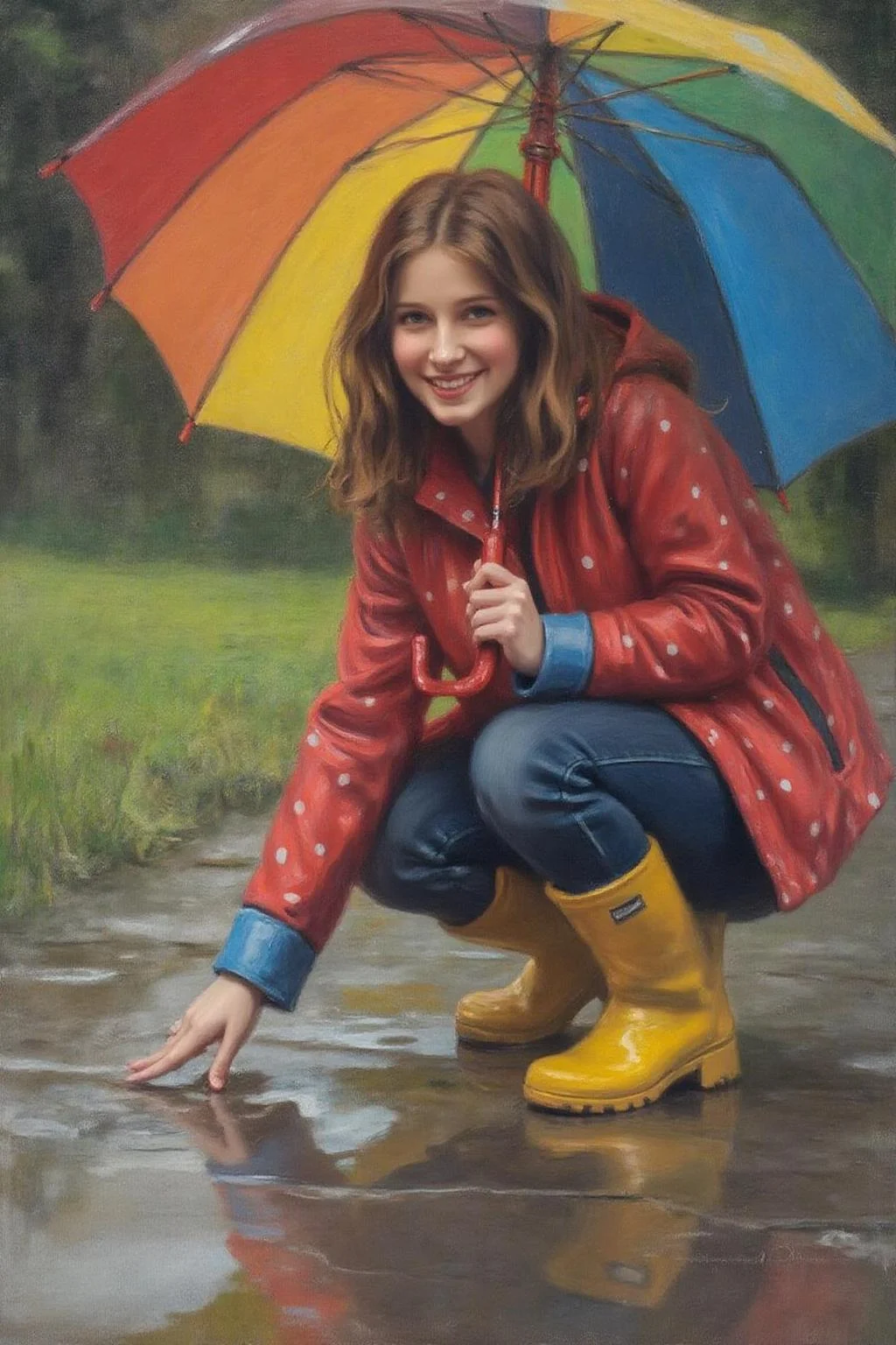 frankowensalisbury1 painting.
A young woman, angled from slightly above and to the right, crouching low to the ground in a puddle. The young woman is wearing bright yellow rubber boots and a red jacket with white polka dots. The jacket sleeves are pushed up to reveal blue cuffs. The young woman also wears dark blue jeans and has a smile on her face as she extends her right index finger to touch the water in the puddle. She holds a large, open umbrella with rainbow-colored panels and a red handle over her.
The ground is wet and paved with grey stones, reflecting the sky and umbrella. The background is slightly blurred, showing hints of green grass and trees. The lighting is overcast and diffused, typical of a rainy day.
<lora:frankowensalisbury1_cap_d8a4:1.0><lora:863252629285772631:0>