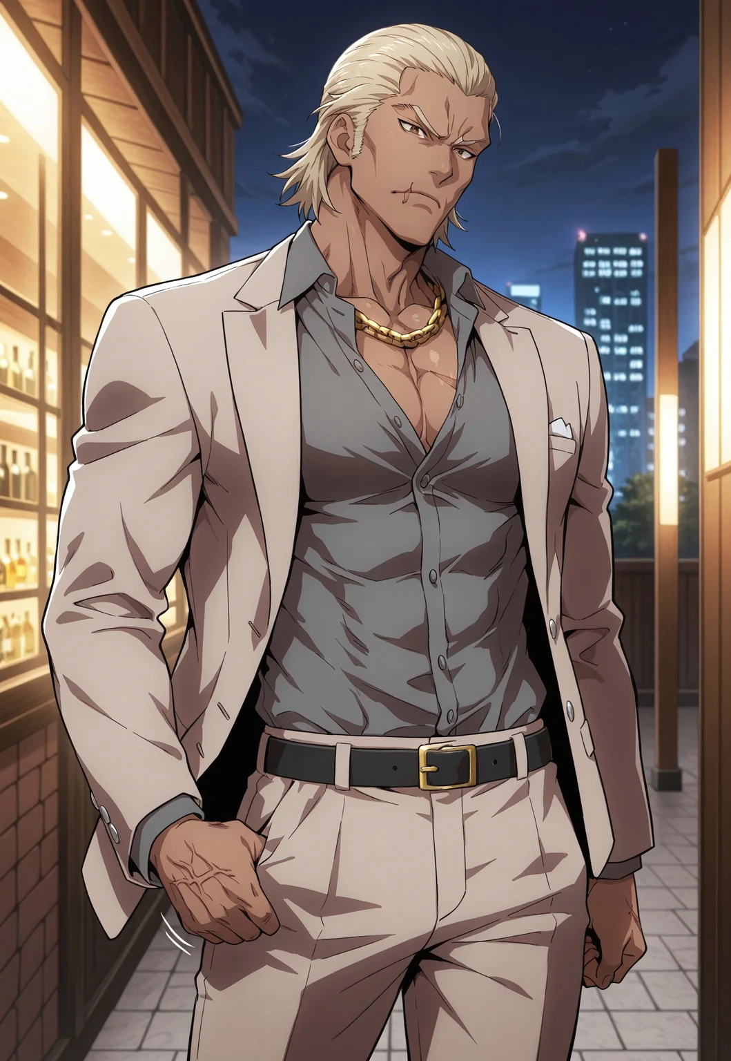 cowboy shot, (solo), 1boy, motion lines, male focus, full-length portrait, standing,
masculine face, daddy looking face, masculine, wrinkle, Villain, thug, bouncer,
Yakuza, Japanese, blonde hair, medium hair, sideburns, slick back hair, Brown eyes, No beard, Inuyashiki, <lora:Inuyashiki-000005:0.4>,
Serious expression,
Light Brown suit, dark grey shirt, suit pants, golden neck chain, elegant man,
toned body, lean body, slim body,
Dark skin, scar on right side of mouth,
Muscled, narrow waist,
detailed face, detailed body, detailed eyes, perfect anatomy,
masterpiece,best quality,amazing quality,
k0n0hanaya, <lora:-Konohanaya-000017:0.6>,
<lora:cfg_scale_boost:0.2>, <lora:add-detail-xl:0.2>, <lora:NAI_QualityV1.1:0.2>,
Outdoors, night club entrance, shinjuku