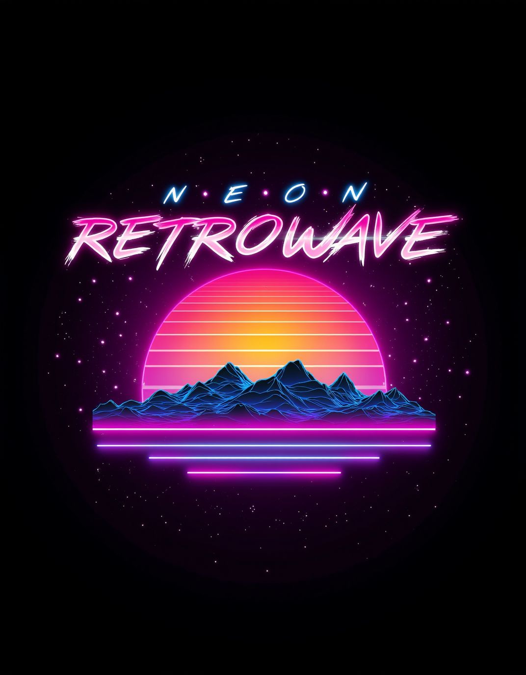 <lora:ck-Neon-Retrowave:1>, ck-nw, in the style of ck-nw, signature logo with text that reads:"(NEON RETROWAVE)", sundown, stary night, dark background