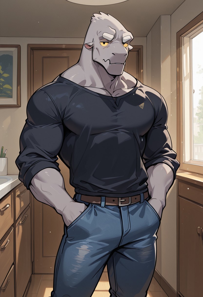 masterpiece, best quality, amazing quality, very aesthetic, absurdres, newest,  high quality, detailed, male, solo male, Leeds, 1boy, mature male, male, athletic build, anthro, monster, grey skin, white eyebrows, animal ears, black eyes, yellow sclera, broad shoulders, black shirt, jeans, indoors, apartment, looking at viewer, standing, half body, volumetric lighting, hands in pockets
