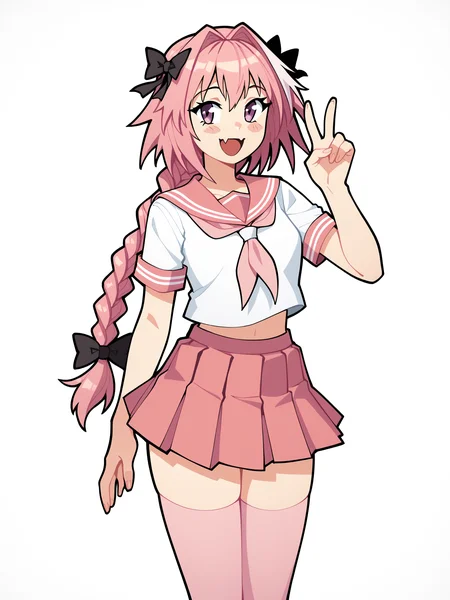 score_9, score_8_up, score_7_up, score_6_up, score_5_up, score_4_up, rating_safe
BREAK
astolfo \(fate\), otoko no ko, pink hair, braid,
BREAK
solo, standing, pink serafuku, white shirt, pink thighhighs, pink skirt, peace sign,
BREAK
white background, <lora:Lunas-Suoiresnu-SDXL-A1:1>