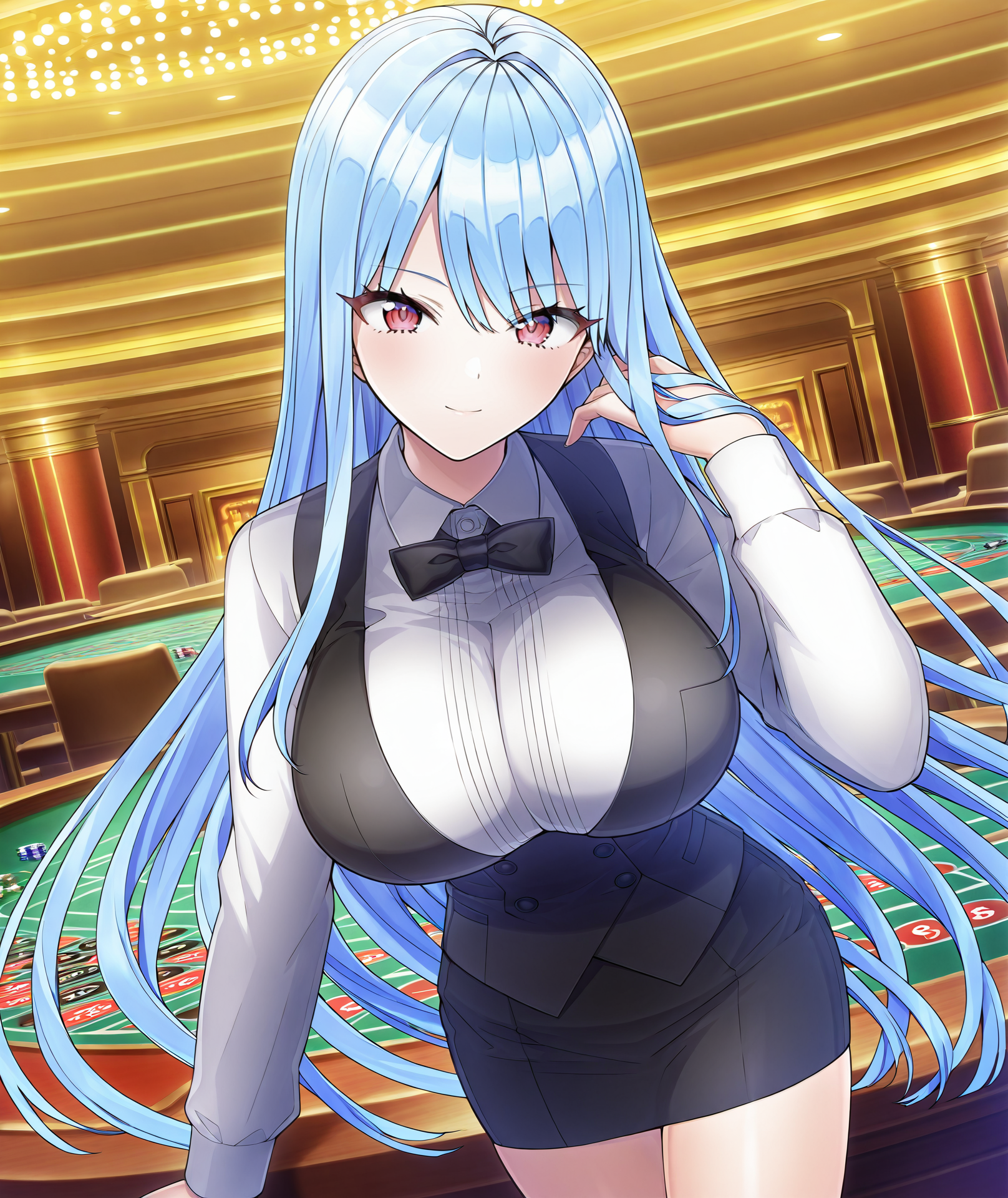 masterpiece,best quality,
looking at viewer,female focus,
nayuki_hiori,1girl,solo,aged up,looking at viewer,
black vest,collared shirt,black bowtie,table,pencil dress,casino,red eyes,very long hair,blue hair,bangs,(closed mouth),breasts,large breasts,smile,
<lora:ãILXLãnayuki_hiori-000010:1>,<lora:Expressive_H:0.2>,