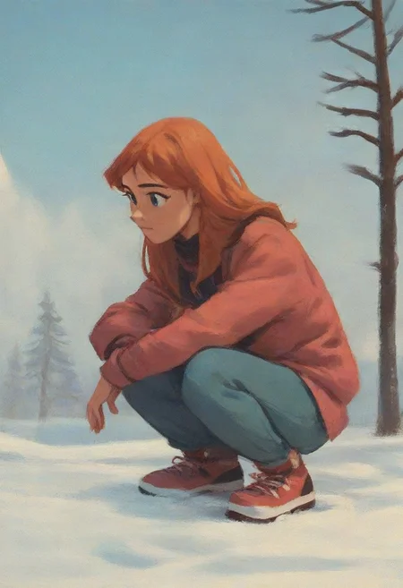 score_9, score_8_up, score_7_up, score_6_up, score_5_up, score_4_up, rating_safe, masterpiece monet painting, julie_power, squatting in the snow
